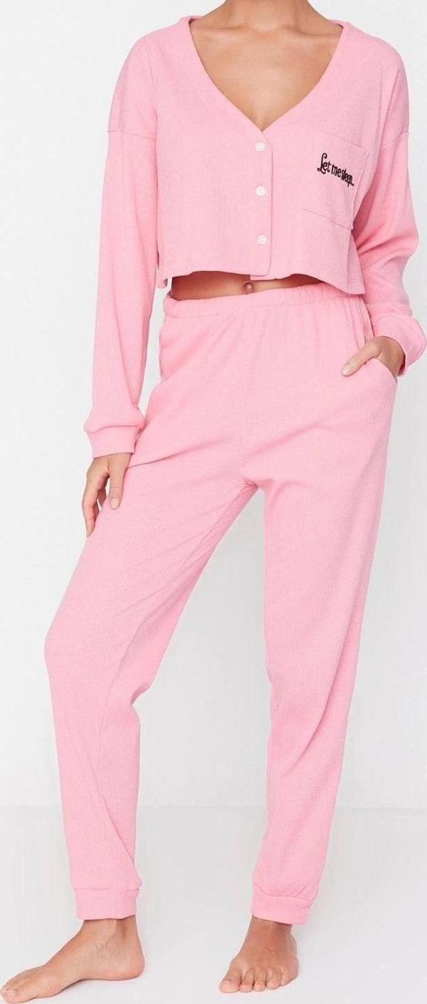 Tarz Rahat Uzun Kollu Boru Paça Fitilli Pamuklu Nakışlı Örme Pijama Takımı - Image 1