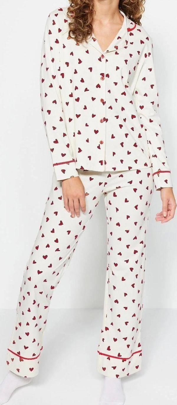 Tarz Rahat Uzun Kollu Boru Paça %100 Pamuk Kalp Desenli Gömlek-Pantolon Örme Pijama Takımı - Image 1