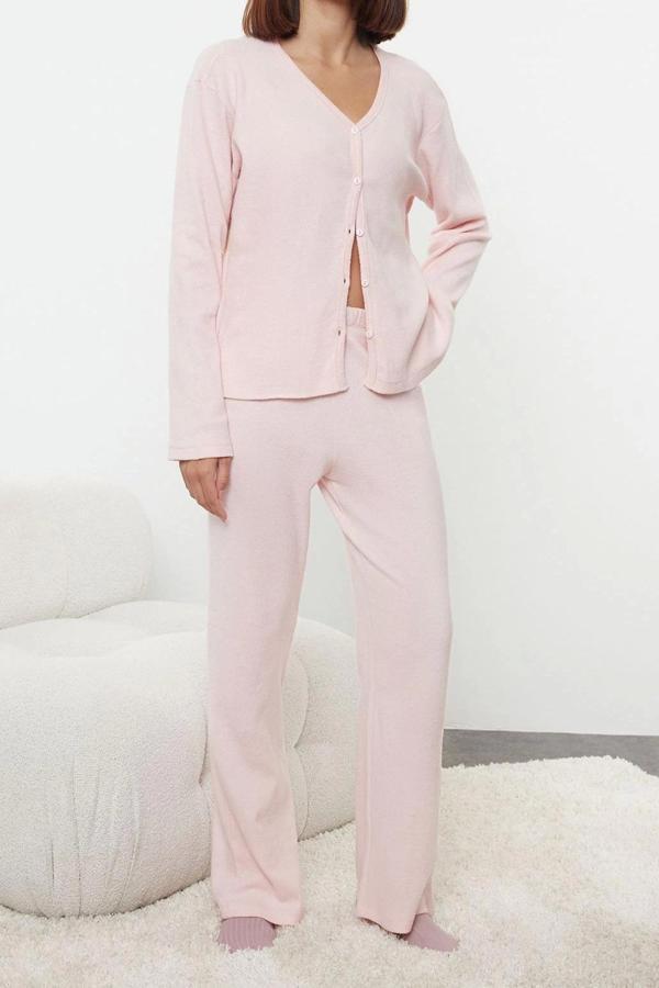 Tarz Rahat Uzun Kollu Boru Paça Fırçalı Soft Fitilli Hırka Örme Pijama Takımı - Image 1