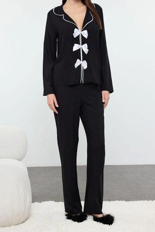 Tarz Rahat Uzun Kollu Boru Paça Düz Fiyonklu Shally Dokuma Pijama Takımı - Image 1
