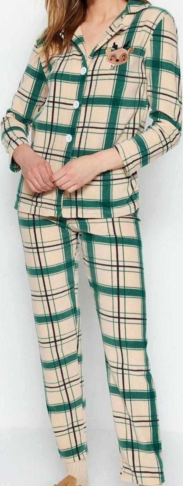 Tarz Rahat Uzun Kollu Boru Paça Nakışlı Ekoseli Polar Kışlık Örme Pijama Takımı - Image 1