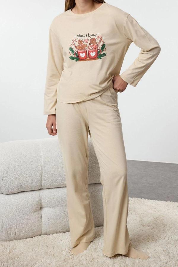 Tarz Rahat Uzun Kollu Boru Paça Kadın Yılbaşı Temalı Örme Pijama Takımı - Image 1