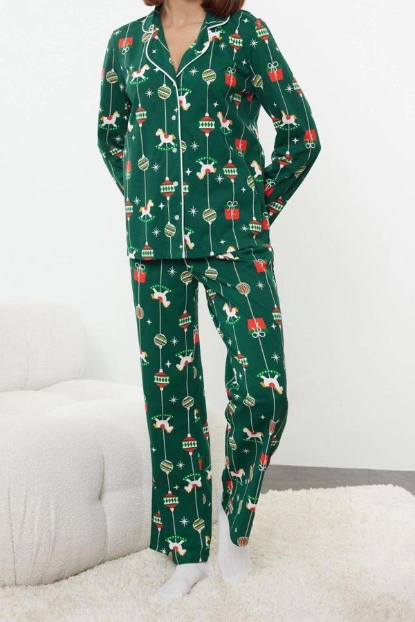 Tarz Rahat Uzun Kollu Boru Paça %100 Pamuklu Yılbaşı Temalı Örme Pijama Takımı - Image 1