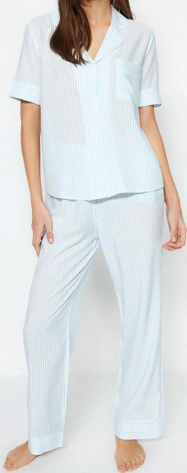 Tarz Rahat Kısa Kollu Boru Paça Çizgili Viskon Gömlek-Pantolon Dokuma Pijama Takımı - Image 1