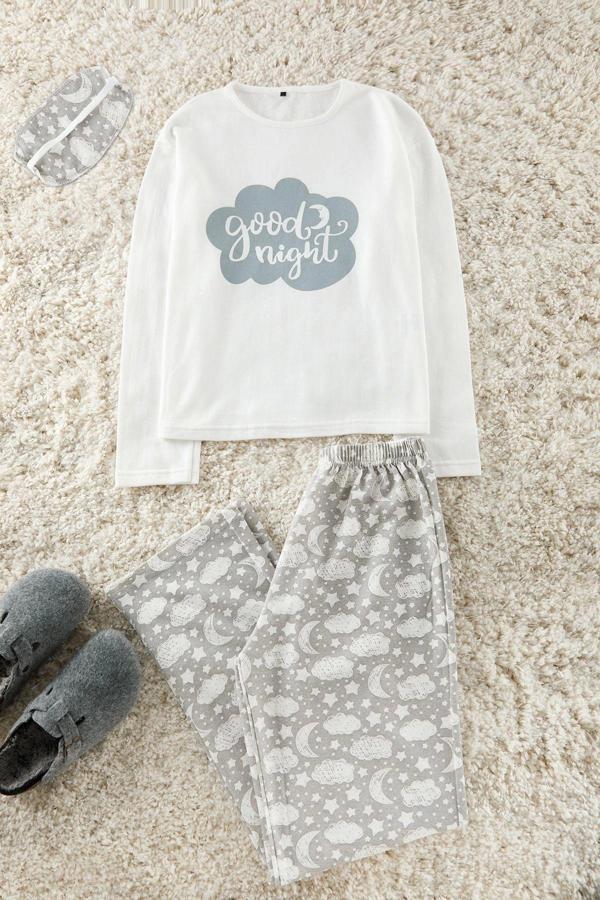 Tarz Rahat Uzun Kollu Boru Paça Pamuklu Leopar Desenli Kalpli İç Polarlı Uyku Bantlı Pijama Takımı - Image 1
