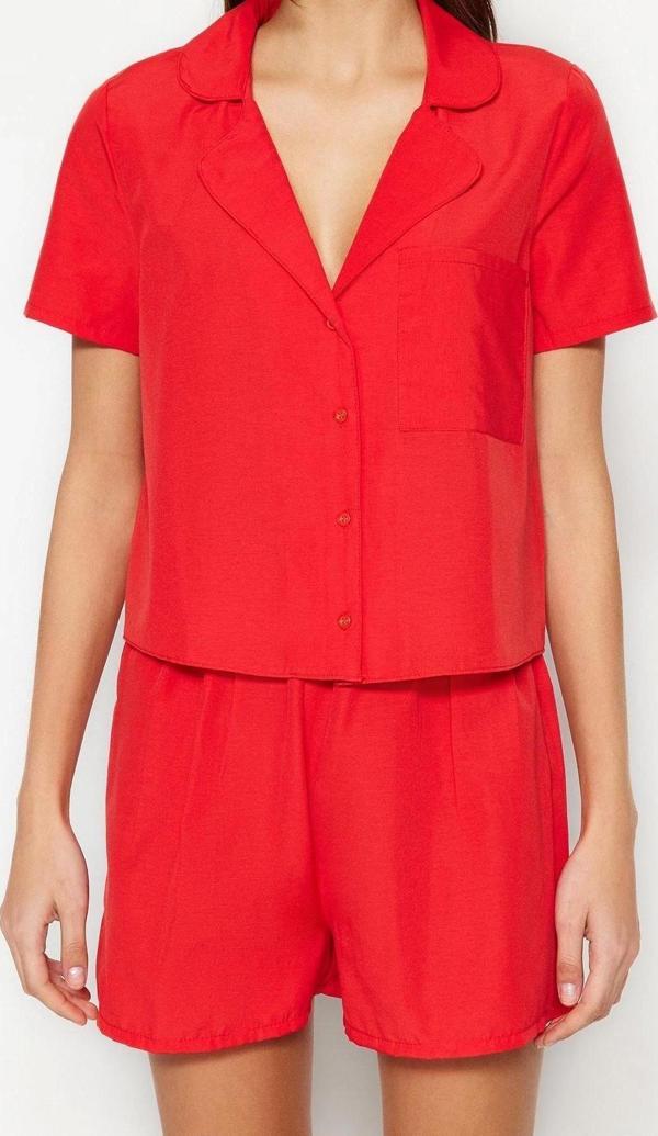 Tarz Rahat Uzun Kollu Boru Paça Terrycotton Gömlek-Şort Dokuma Pijama Takımı - Image 1