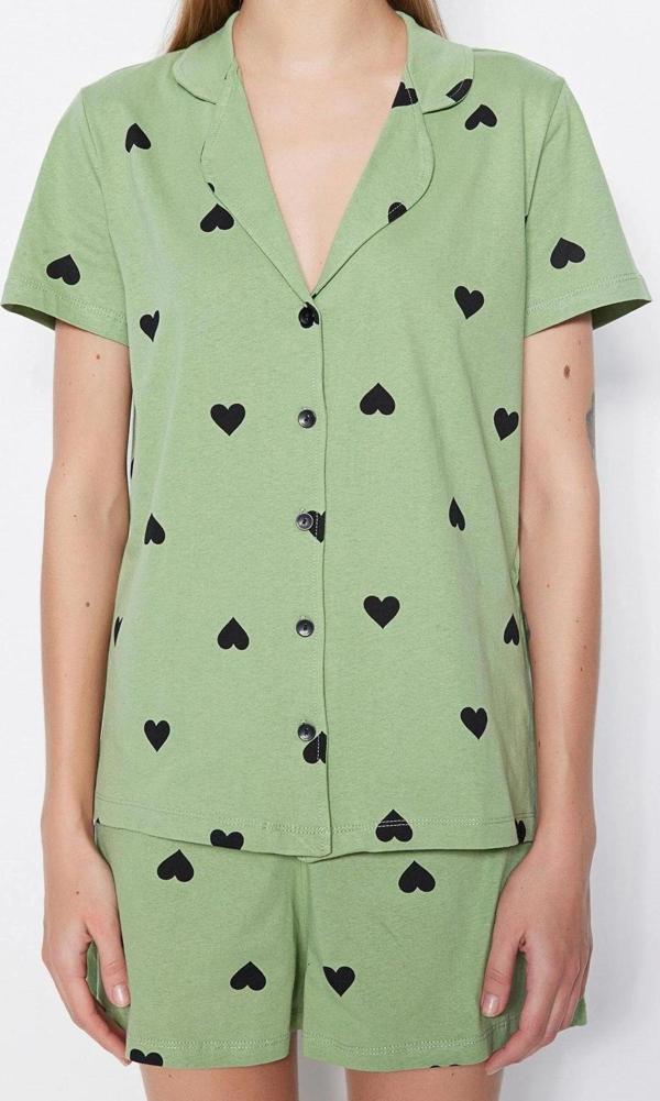 Tarz Rahat Kısa Kollu Boru Paça %100 Pamuklu Kalp Desenli Örme Pijama Takımı - Image 1