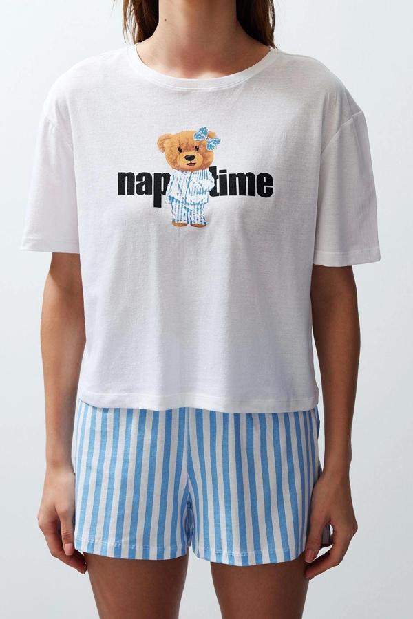 Tarz Rahat Kısa Kollu Boru Paça Kadın %100 Pamuklu Çizgili Örme Pijama Takımı - Image 1