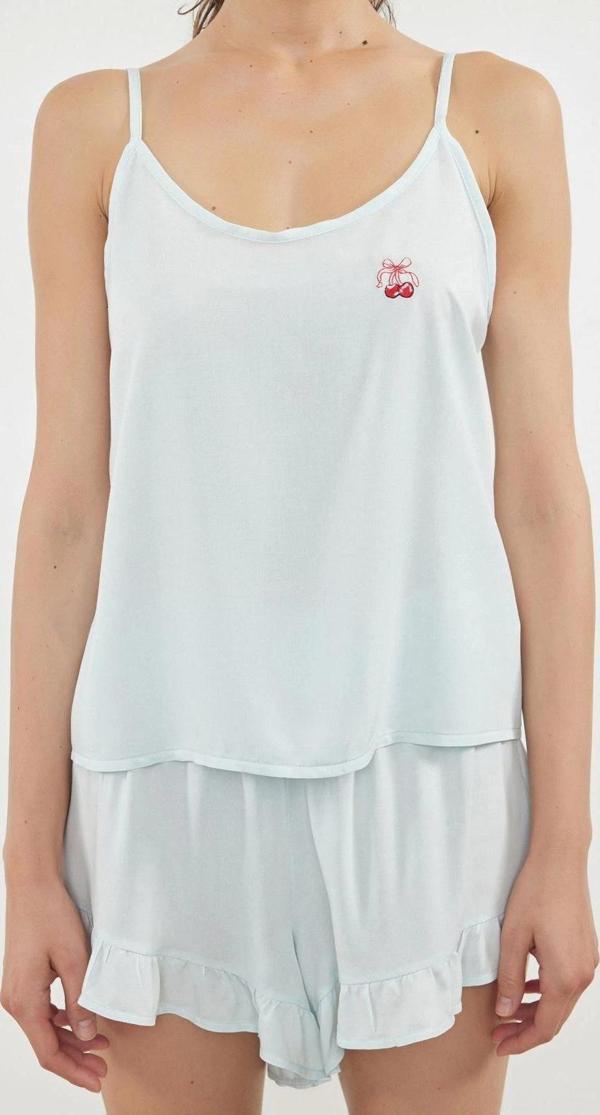 Tarz Rahat Kolsuz Kol Geniş Paça Avokado Nakışlı Fırfırlı İp Viskon Dokuma Pijama Takımı - Image 1