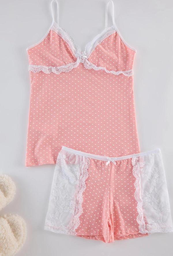 Rahat Kolsuz Kol Dar Paça Pamuklu Puantiyeli Dantel ve Kurdele Fiyonk Detaylı Örme Pijama Takımı - Image 1