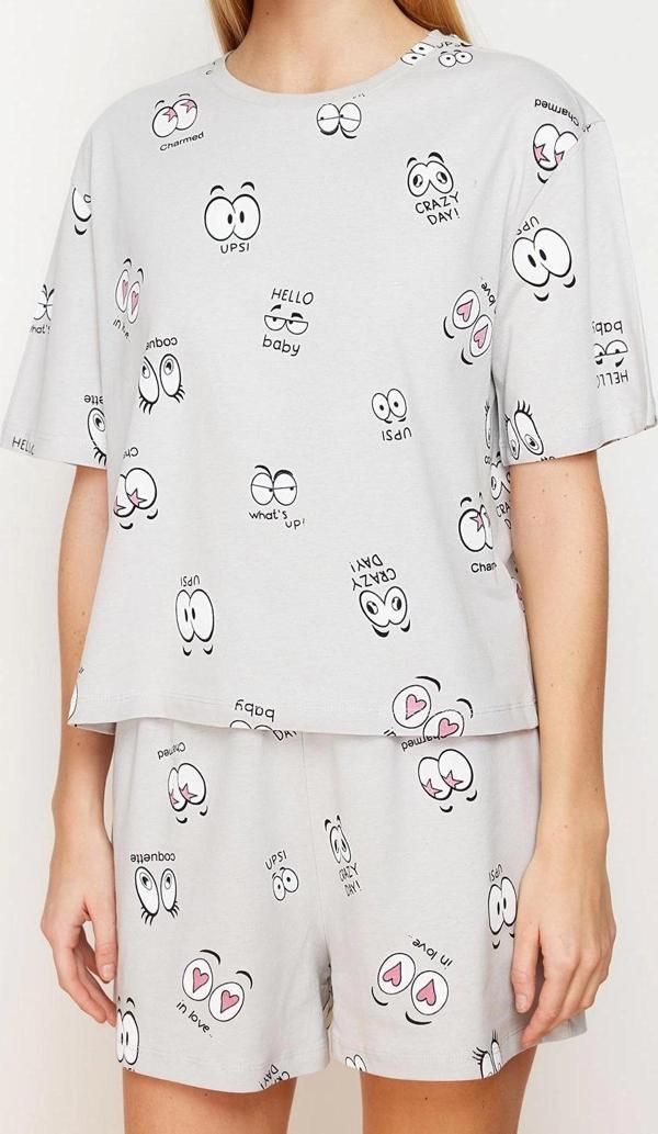 Tarz Rahat Kısa Kollu Boru Paça %100 Pamuklu Eğlence Desenli Örme Pijama Takımı - Image 1