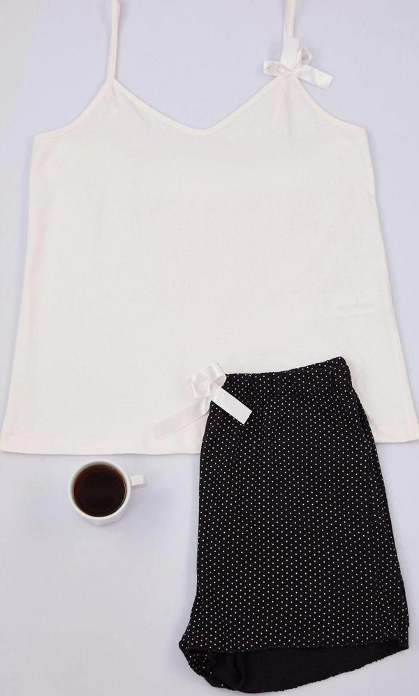 Tarz Rahat Kolsuz Kol Boru Paça %100 Pamuklu Puantiyeli Kurdele Fiyonklu İp Örme Pijama Takımı - Image 1