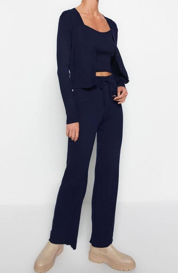 Tarz Kadın Modern Moda Normal Bel Geniş Paça V Yaka Fitillli Bluz Hırka Pantolon Triko Alt-Üst Takım - Image 1