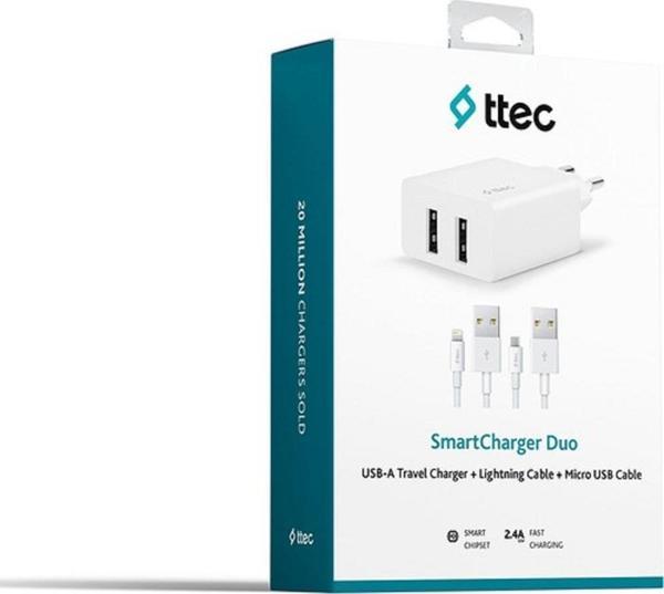 Ttec Smartcharger Duo 2.4A Seyahat Sarj Aleti Cift Usb+ Lightning ve Micro Kablo Beyaz 2SCS21DB - Image 1