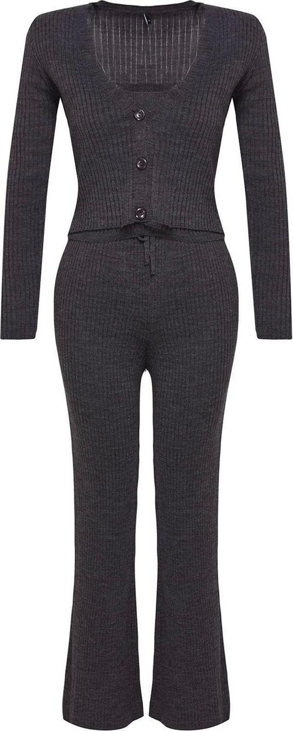 Tarz Kadın Modern Moda Normal Bel Geniş Paça V Yaka Fitillli Bluz Hırka Pantolon Triko Alt-Üst Takım - Image 1
