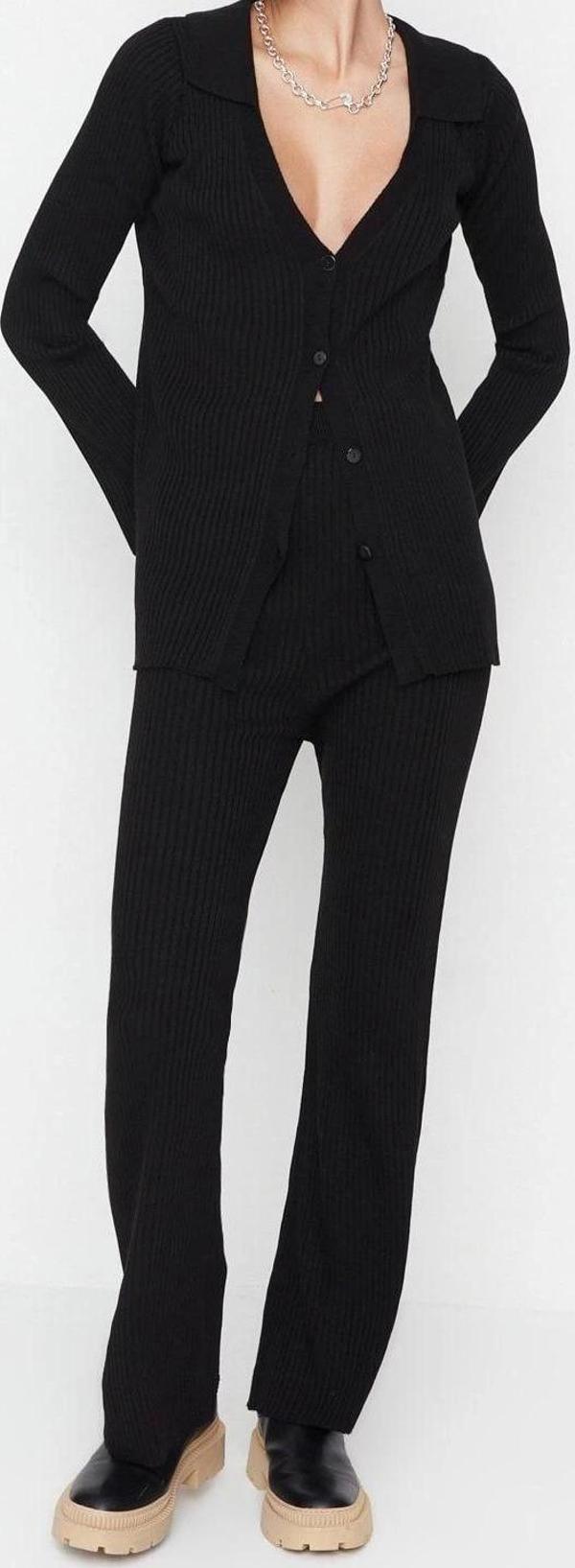 Tarz Kadın Modern Moda Normal Bel Geniş Paça Polo Yaka Basic Polo Yaka Triko Alt-Üst Takım - Image 1