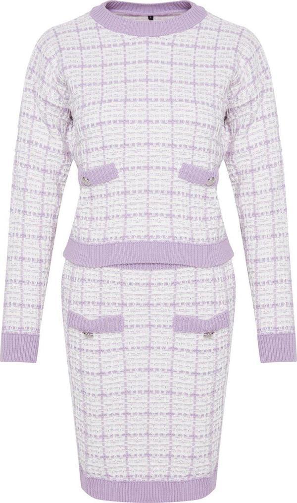 Tarz Kadın Modern Moda Normal Bel Boru Paça Bisiklet Yaka Tüvit Görünümlü Simli Triko Alt-Üst Takım - Image 1