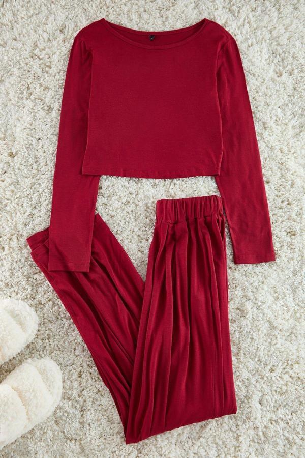 Tarz Rahat Uzun Kollu Geniş Paça Viskon Örme Pijama Takımı - Image 1