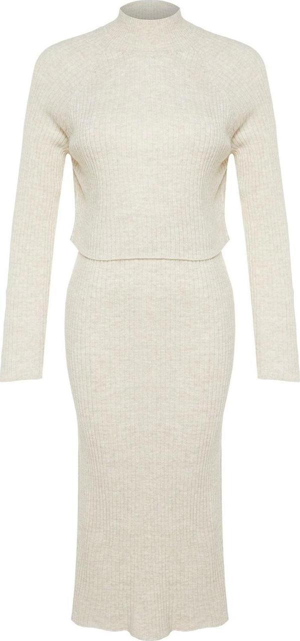 Tarz Kadın Modern Moda Yüksek Bel Geniş Paça Bisiklet Yaka Crop Basic Etekli Triko Alt-Üst Takım - Image 1