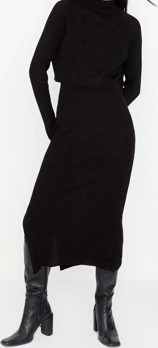 Tarz Kadın Modern Moda Yüksek Bel Geniş Paça Bisiklet Yaka Crop Basic Etekli Triko Alt-Üst Takım - Image 1