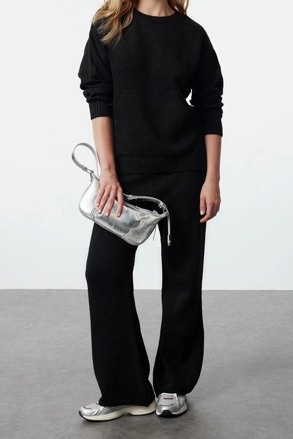 Tarz Kadın Modern Moda Normal Bel Boru Paça Bisiklet Yaka Yumuşak Dokulu Basic Triko Alt-Üst Takım - Image 1