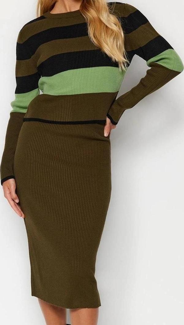 Tarz Kadın Modern Moda Normal Bel Boru Paça Bisiklet Yaka Renk Bloklu Etekli Triko Alt-Üst Takım - Image 1