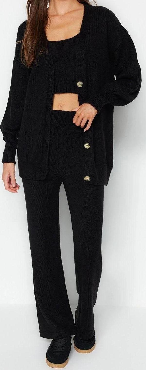 Tarz Kadın Modern Normal Bel Boru Paça V Yaka Geniş Kalıp Yumuşak Dokulu 3lü Triko Alt-Üst Takım - Image 1