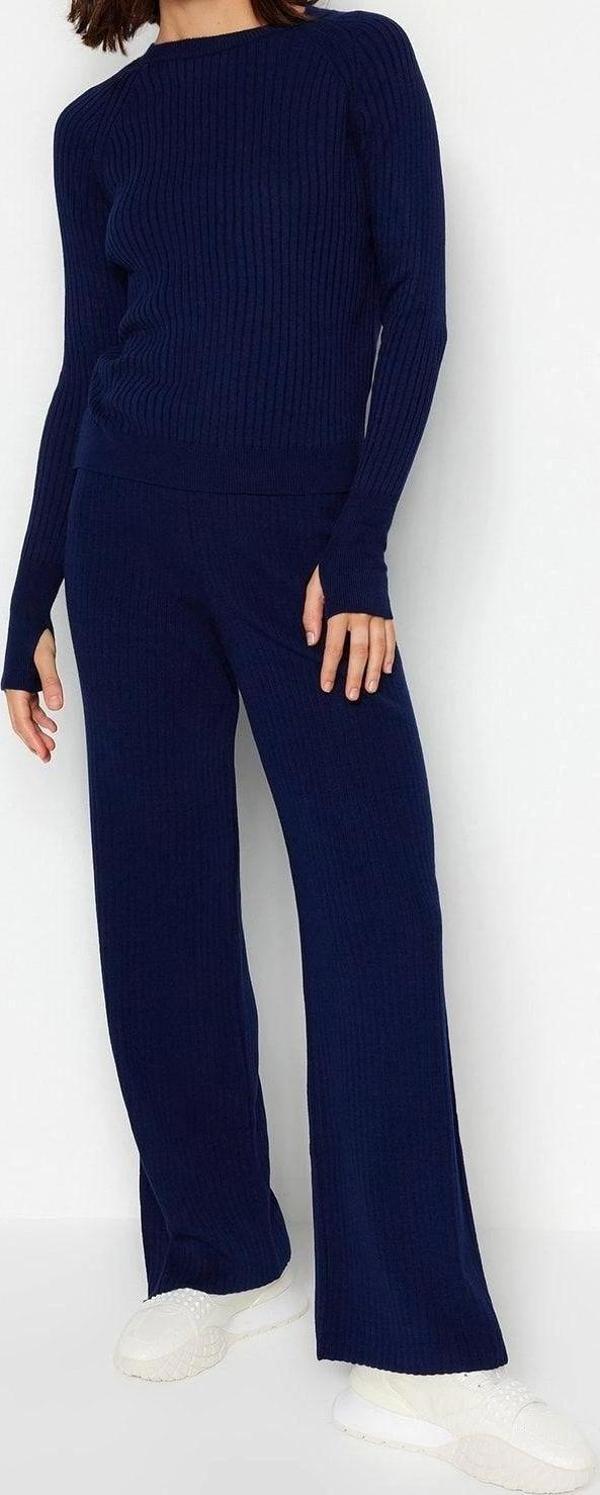 Tarz Kadın Modern Moda Normal Bel Boru Paça Bisiklet Yaka Basic Parmak Detaylı Triko Alt-Üst Takım - Image 1