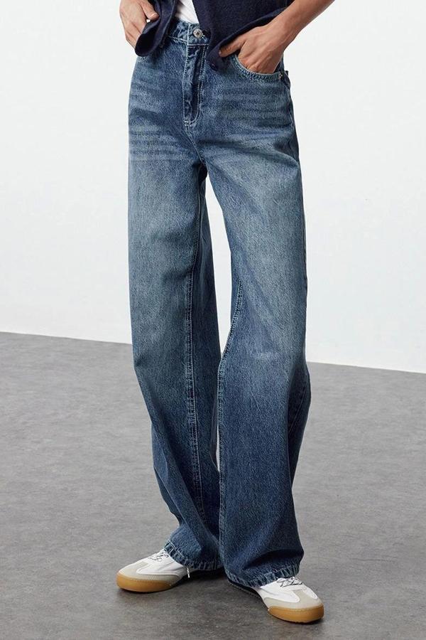 Stil Kadın Moda Denim Kot Pantolon Regular Geniş Paça Lacivert Yüksek Bel Straight Jeans - Image 1
