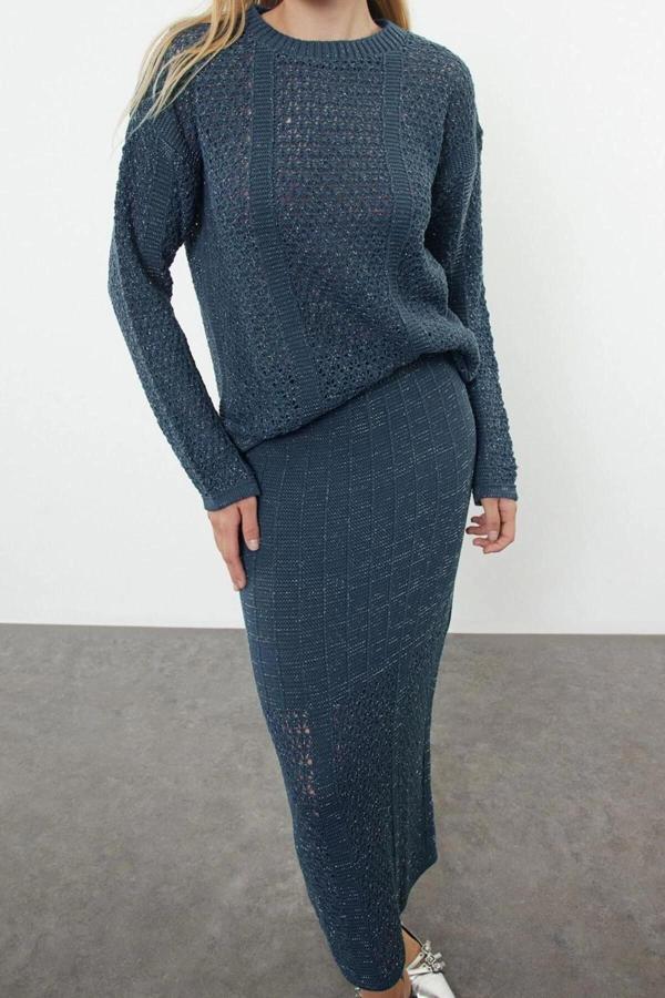 Tarz Kadın Modern Moda Normal Bel Boru Paça Bisiklet Yaka Örgü Detaylı Triko Alt-Üst Takım - Image 1
