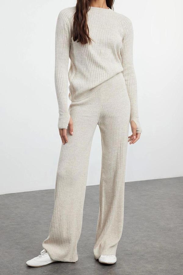 Tarz Kadın Modern Moda Normal Bel Boru Paça Bisiklet Yaka Basic Parmak Detaylı Triko Alt-Üst Takım - Image 1