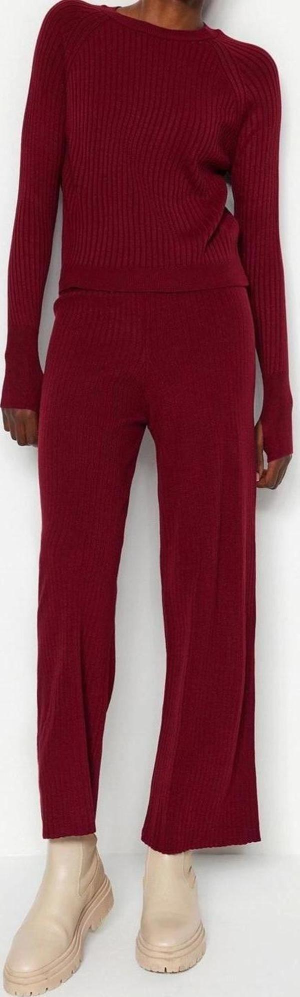 Tarz Kadın Modern Moda Normal Bel Boru Paça Bisiklet Yaka Basic Parmak Detaylı Triko Alt-Üst Takım - Image 1