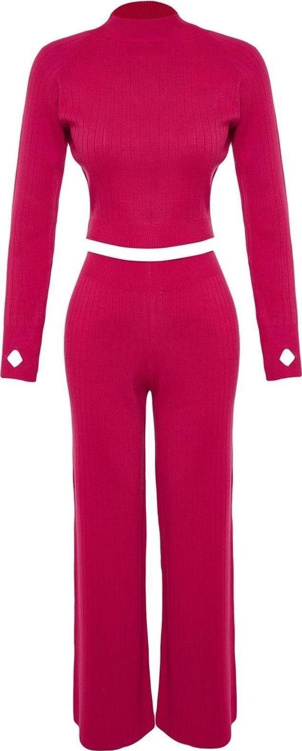 Tarz Kadın Modern Moda Normal Bel Boru Paça Dik Yaka Crop Parmak Detaylı Triko Alt-Üst Takım - Image 1