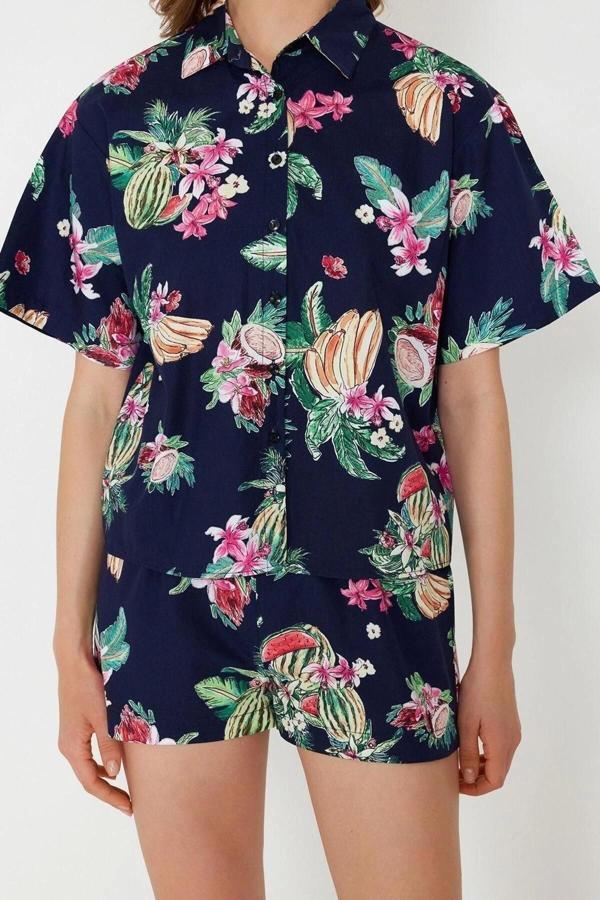 Moda Dokuma Düz Gömlek Yaka Plaj Tropikal Desenli Dokuma Gömlek Şort Takım - Image 1