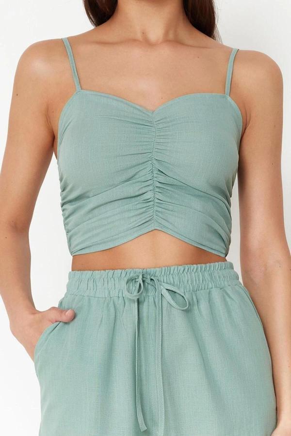Moda Dokuma Düz V Yaka Plaj Mint Dokuma Bluz Pantolon Takım TBESS24AU00076 - Image 1