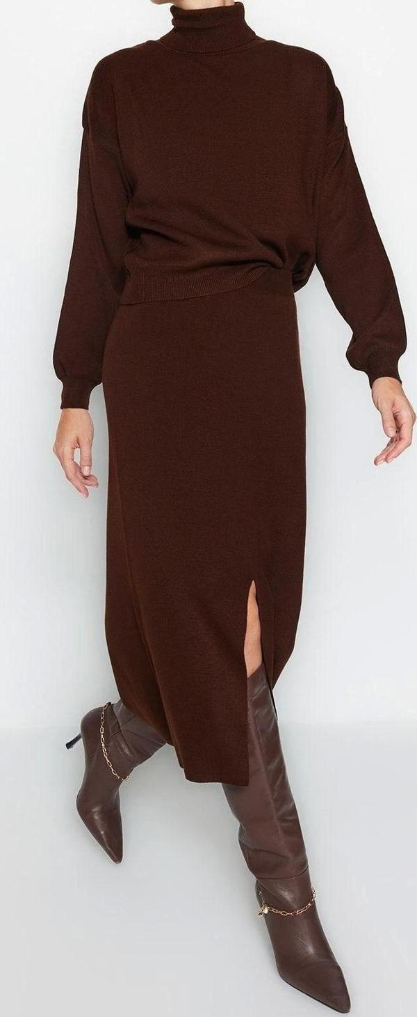 Tarz Kadın Modern Moda Normal Bel Boru Paça Balıkçı Yaka Balıkçı Yaka Triko Etekli Alt-Üst Takım - Image 1