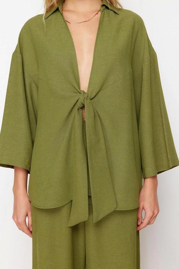 Moda Dokuma Düz Gömlek Yaka Plaj Dokuma Bağlamalı Keten karışımlı Gömlek Pantolon Takım - Image 1