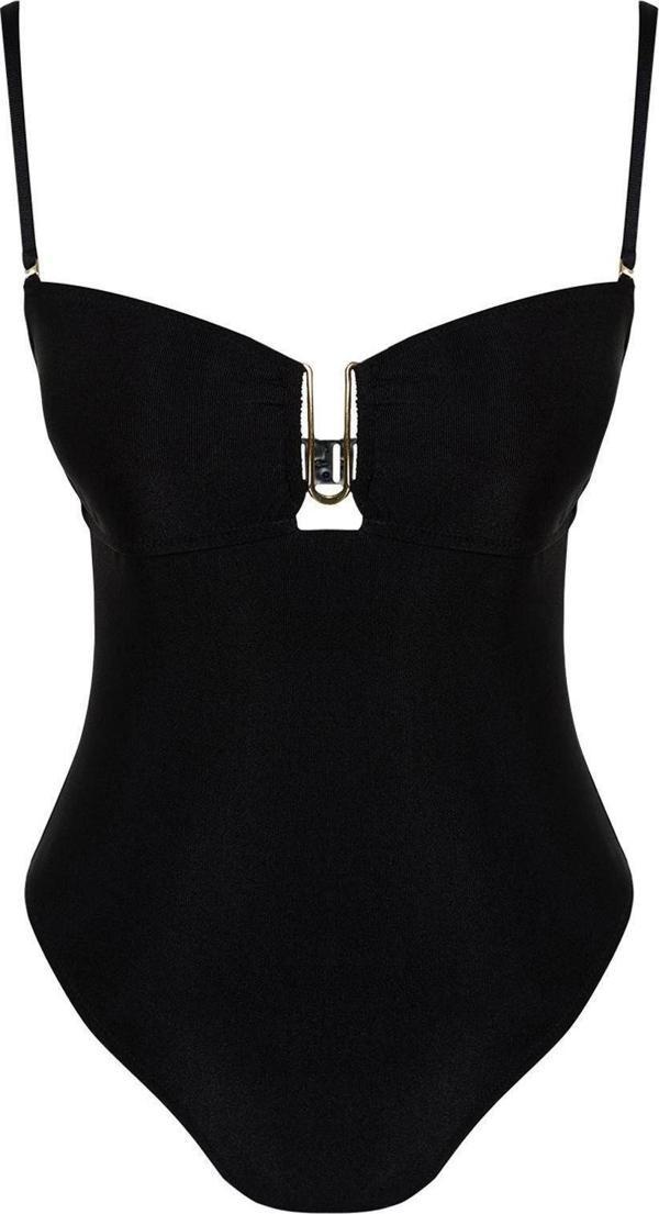 Kadın Moda Atma Kap Askılı Brief Yaka Siyah Straplez Aksesuarlı High Leg Regular Mayo - Image 1