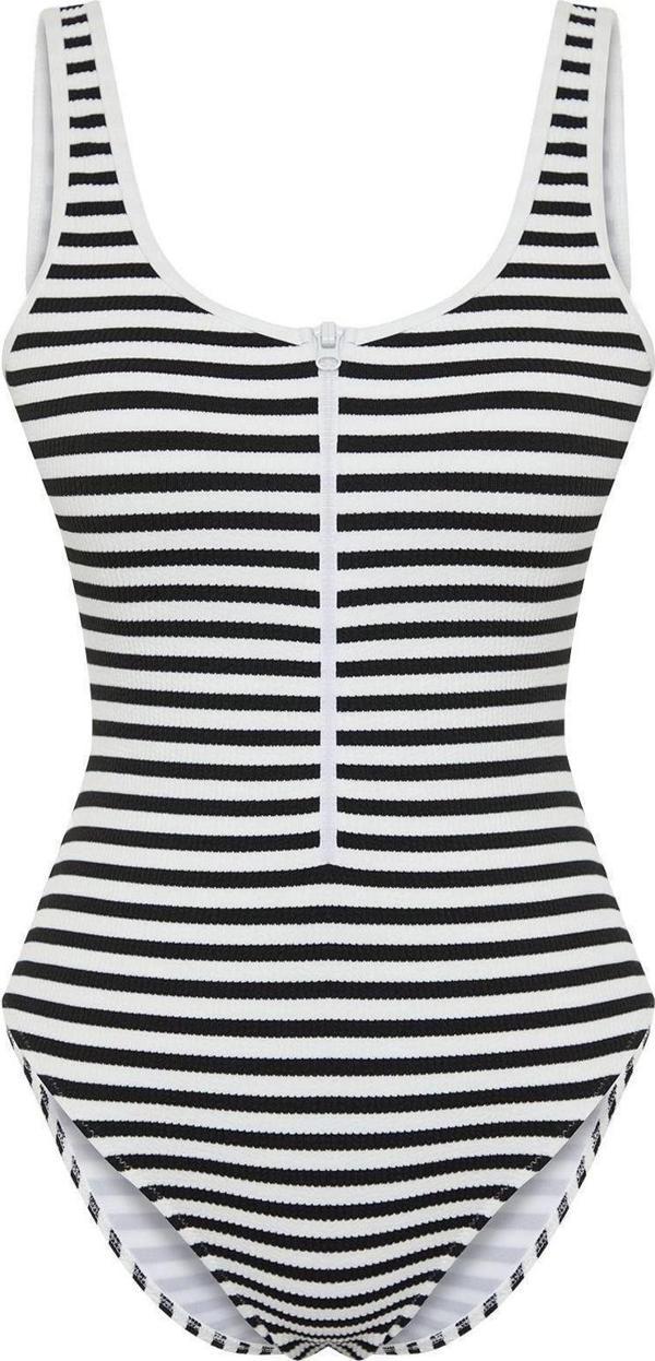 Kadın Moda Atma Kap Askılı Brief Yaka Siyah-Beyaz Fermuarlı Dokulu Regular Mayo - Image 1