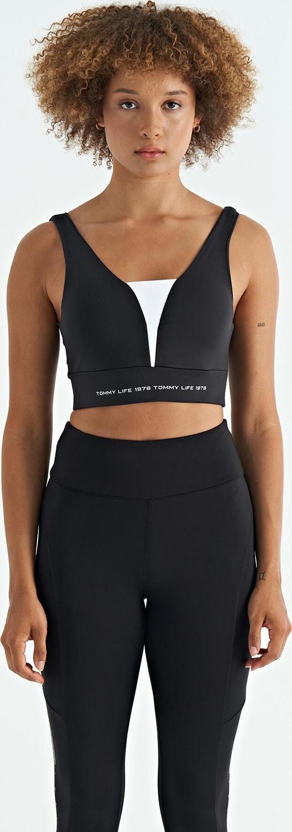 Siyah - Beyaz Yazı Baskılı Renk Bloklu Dar Kalıp Dalgıç Kumaş Kadın Büstiyer - 97271 - Image 1