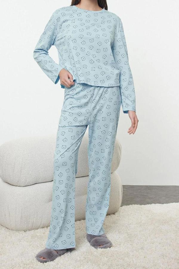 Tarz Rahat Uzun Kollu Geniş Paça %100 Pamuklu Ayıcık Desenli Örme Pijama Takımı - Image 1