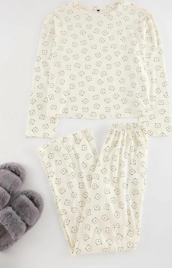 Tarz Rahat Uzun Kollu Geniş Paça %100 Pamuklu Ayıcık Desenli Örme Pijama Takımı - Image 1
