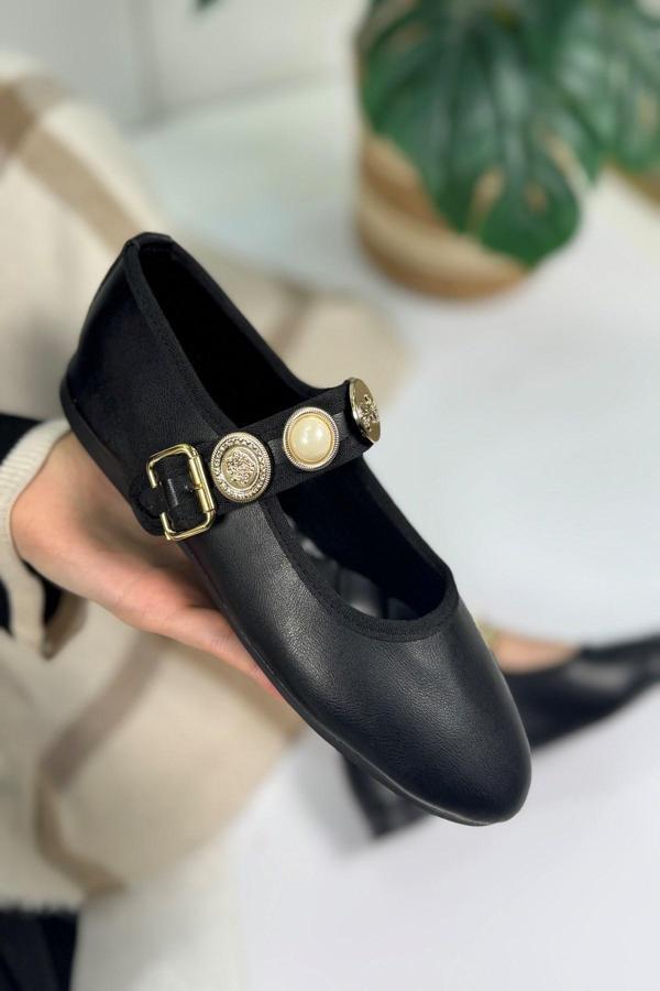 Günlük Kadın Babet İnci Bantlı Ayarlanabilir Tokalı Oval Burunlu Hafif Rahat Ayakkabı 379  - Image 1