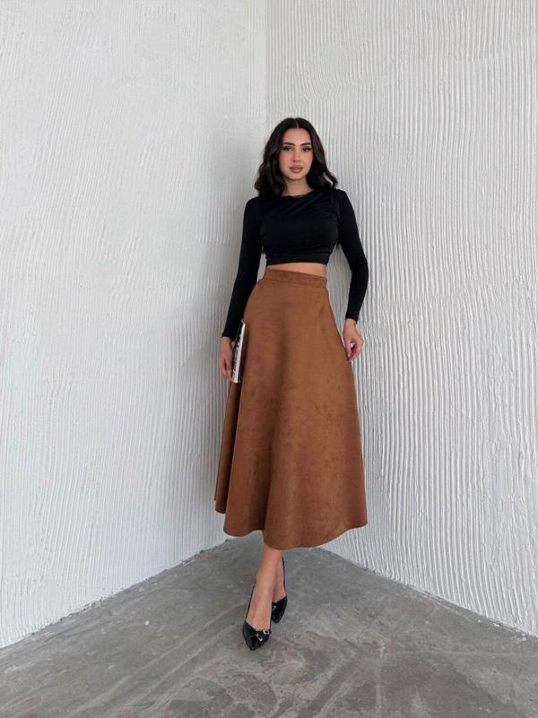 Ozy Fashion Kadın Süet Taba Rengi Kloş Etek Taba L - Image 1