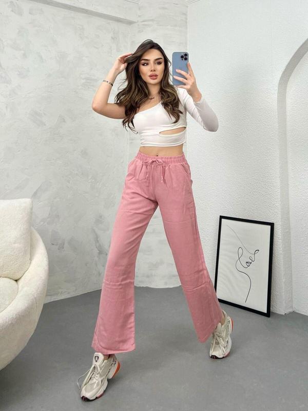 Ozy Fashion Yüksek Bel,Beli Lastikli,Cepli Flamlı Keten Bol Paça Yazlık Pembe Pantolon Pembe 2XL - Image 1