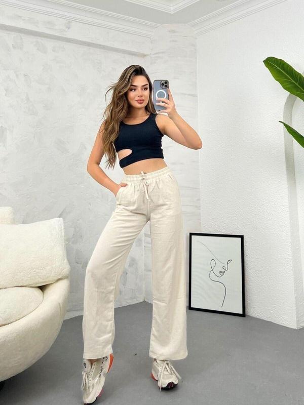 Ozy Fashion Yüksek Bel,Beli Lastikli,Cepli Flamlı Keten Bol Paça Yazlık Açık Bej Pantolon Açık Bej S - Image 1