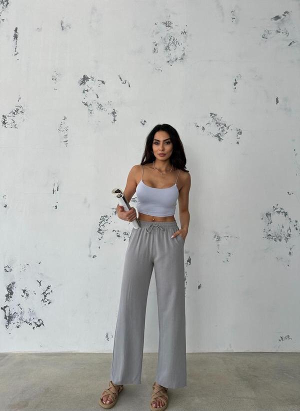 Ozy Fashion Yüksek Bel,Beli Lastikli,Cepli Flamlı Keten Bol Paça Yazlık  Gri Pantolon Gri XL - Image 1