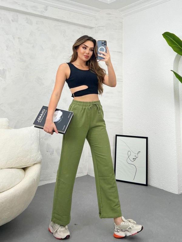 Ozy Fashion Yüksek Bel,Beli Lastikli,Cepli Flamlı Keten Bol Paça Yazlık Haki Yeşil Pantolon Haki S - Image 1