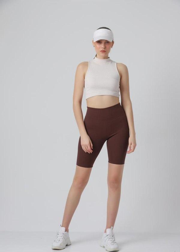 Ozy Fashion Fitilli Kadın Yüksek Bel Dikişsiz Biker Spor Şort Tayt Kahverengi L - Image 1