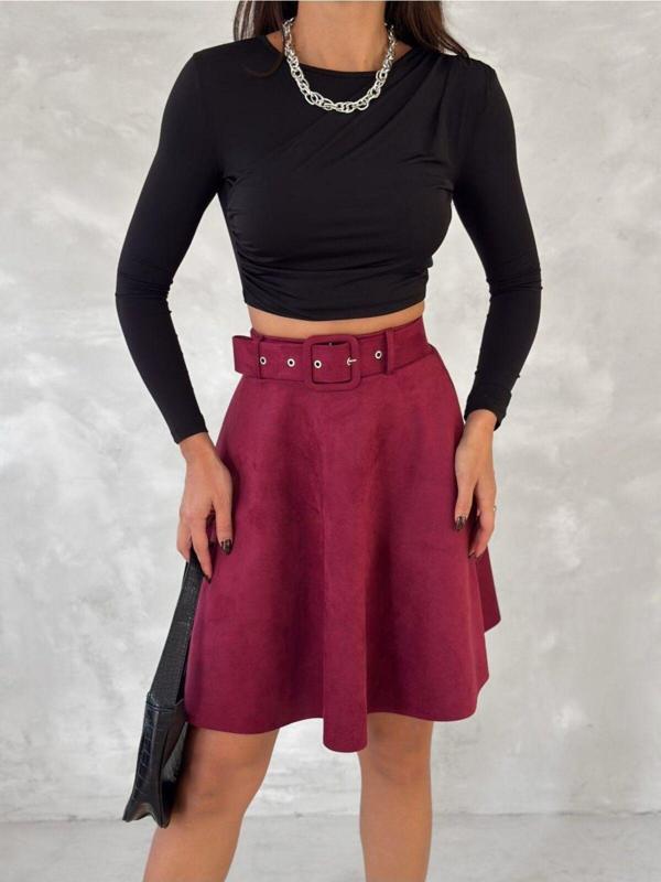 Ozy Fashion Kadın Bordo Renk Midi Boy Kemerli Süet Kloş Etek Bordo XL - Image 1